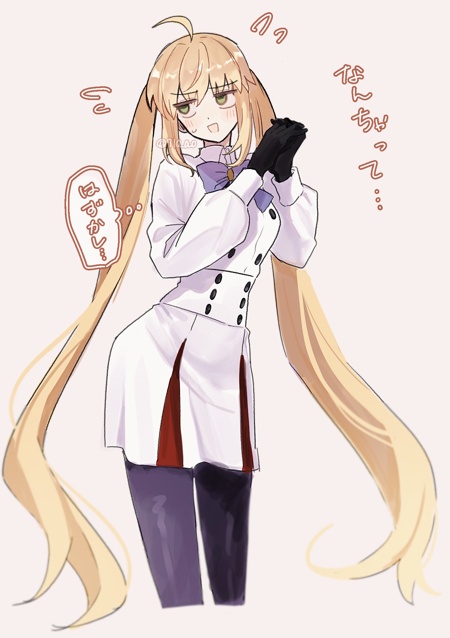 710 ao, artoria caster (fate), artoria caster (second ascension) (fate), artoria pendragon (fate), fate/grand order, fate (series), highres, 1girl, ahoge, artist name, black gloves, black pantyhose, blue bow, bow, buttons, chest bow, flying sweatdrops, gloves, green eyes, interlocked fingers, long hair, long sleeves, looking to the side, own hands clasped, own hands together, pantyhose, pink background, sidelocks, sideways glance, simple background, solo, speech bubble, sweatdrop, thought bubble, twintails, twitter username, very long hair