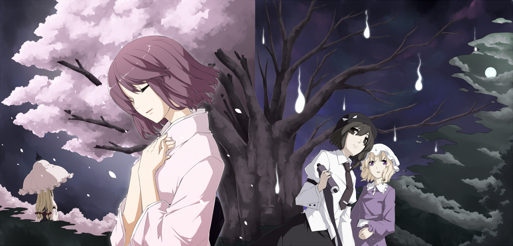 sakuraba yuuki, maribel hearn, saigyouji yuyuko, saigyouji yuyuko (living), usami renko, yakumo yukari, ghostly field club, touhou, 4girls, blonde hair, cherry blossoms, closed eyes, dress, female focus, hat, hitodama, multiple girls, nature, night, outdoors, parasol, plant, purple eyes, scroll, skirt, sky, tree, umbrella