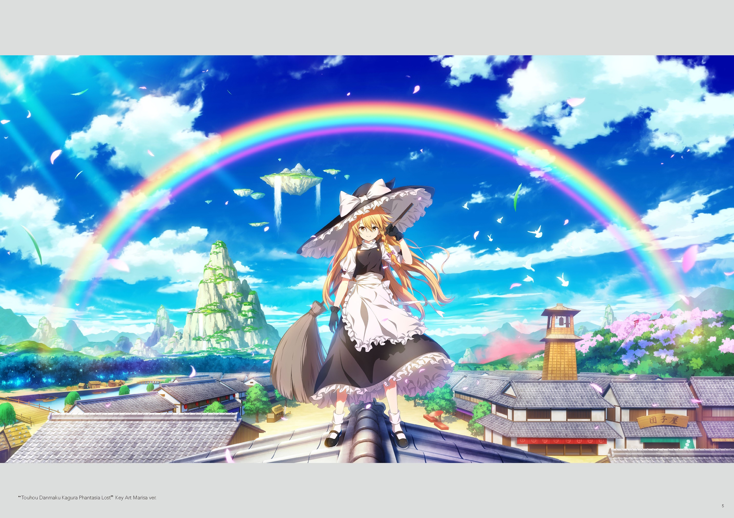 kirisame marisa, touhou, touhou danmaku kagura, artist request, highres, official art, third-party source, 1girl, animal, apron, architecture, bell, bird, black gloves, black shoes, black skirt, black vest, blonde hair, blue sky, boat, bow, braid, bridge, broom, building, cherry blossoms, closed mouth, cloud, day, east asian architecture, floating island, full body, gensokyo, gloves, hair between eyes, hair bow, hakurei shrine, hat, hat bow, holding, holding broom, human village (touhou), long hair, looking at viewer, mary janes, on roof, outdoors, puffy short sleeves, puffy sleeves, purple bow, rainbow, river, shirt, shoes, short sleeves, side braid, single braid, skirt, sky, smile, socks, solo, standing, sunlight, tile roof, torii, tower, tree, very long hair, vest, waist apron, water, watercraft, waterfall, white apron, white bird, white bow, white shirt, white socks, wooden bridge, yellow eyes