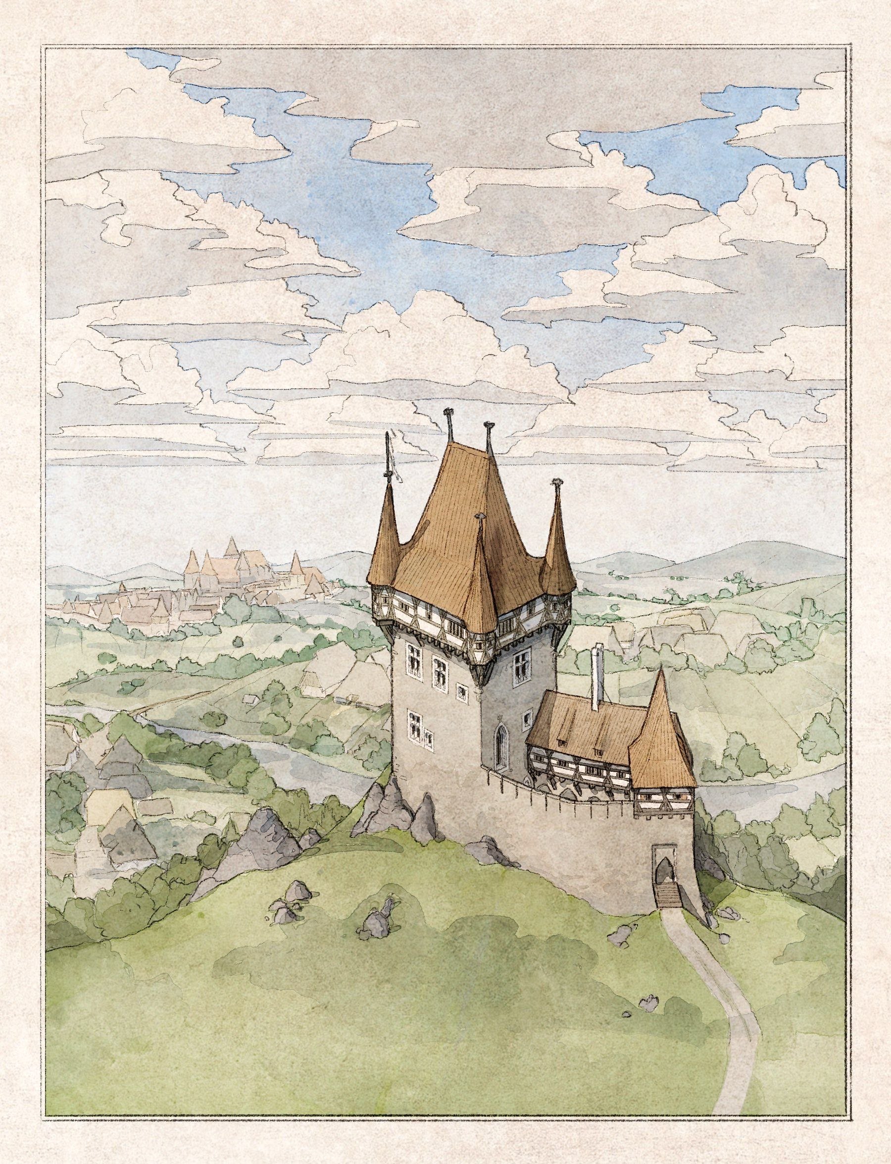 original, commentary, english commentary, highres, blue sky, border, castle, clippymagic, cloud, day, european architecture, grass, medieval, no humans, outdoors, outside border, scenery, sky, white border