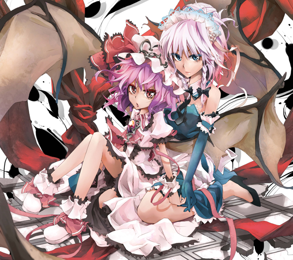 dain, izayoi sakuya, remilia scarlet, touhou, bad id, bad pixiv id, 2girls, bat wings, braid, elbow gloves, female focus, gloves, maid headdress, multiple girls, red eyes, ribbon, short hair, twin braids, wings
