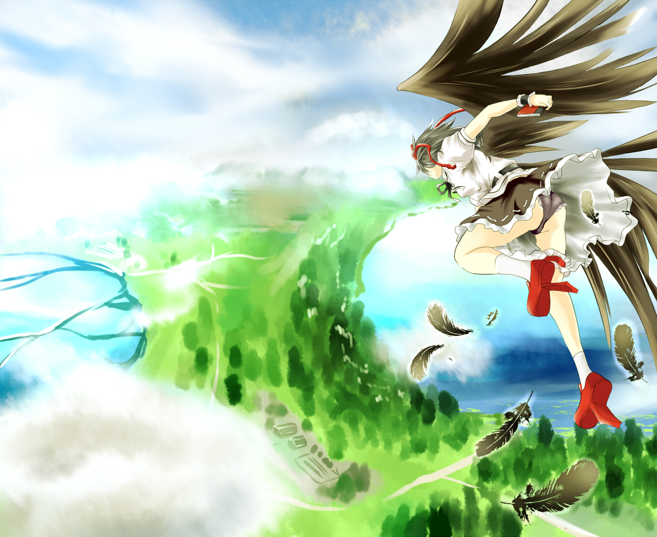 chaigidhiell, shameimaru aya, touhou, 1girl, ass, black hair, black wings, feathers, female focus, geta, hat, panties, short hair, solo, tengu-geta, tokin hat, underwear, wings