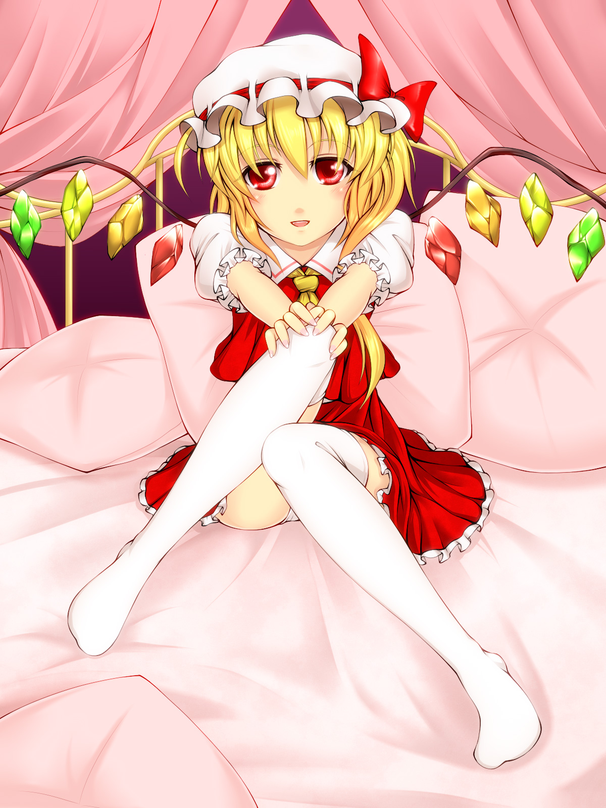genjuu rou, flandre scarlet, embodiment of scarlet devil, touhou, highres, 1girl, blonde hair, blouse, collared shirt, female focus, hair between eyes, hat, legs, mob cap, red eyes, shirt, short hair, solo, thighhighs, white hat, white shirt, white thighhighs, wings, zettai ryouiki