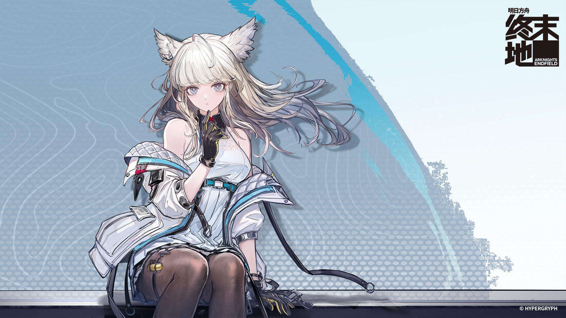 ryuuzaki ichi, perlica (arknights), arknights, arknights: endfield, commentary, highres, 1girl, bare shoulders, black gloves, black pantyhose, blue eyes, breasts, closed mouth, coat, elevation contour lines, feathered wings, gloves, grey hair, head wings, high-waist skirt, long hair, open clothes, open coat, pantyhose, pleated skirt, shirt, sitting, skirt, sleeveless, sleeveless shirt, solo, white coat, white shirt, white skirt, wings