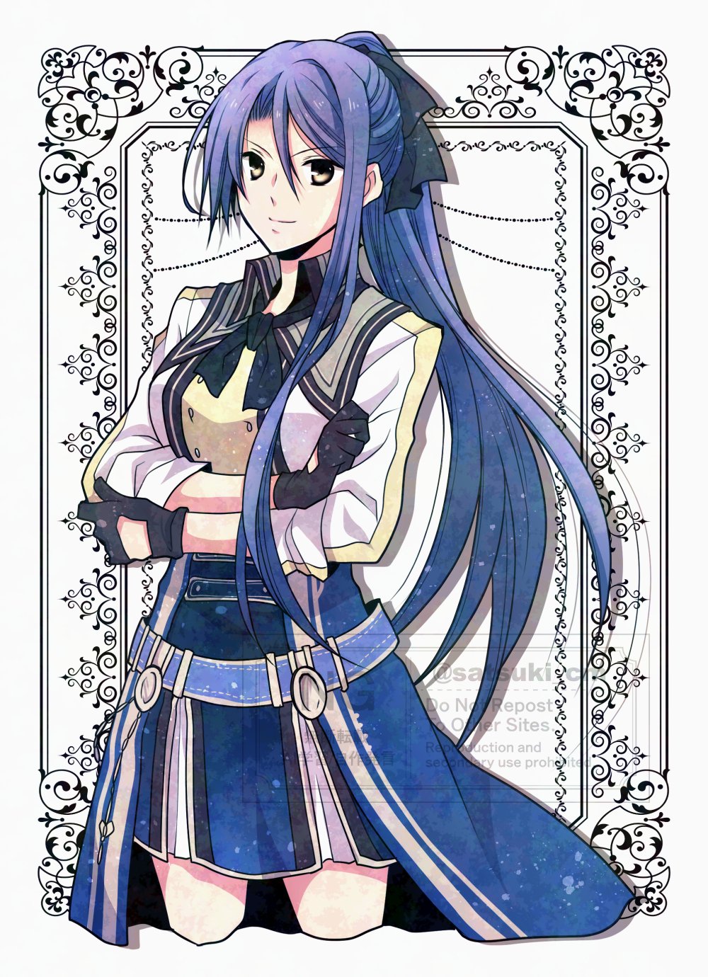 satsuki (chaosmode), laura s. arseid, eiyuu densetsu, sen no kiseki, sen no kiseki (series), sen no kiseki ii, commentary request, highres, 1girl, black gloves, black neckerchief, blue hair, breasts, closed mouth, clothing cutout, crossed arms, english text, floating hair, glove cutout, gloves, long hair, long single sidelock, long sleeves, looking at viewer, medium breasts, neckerchief, ponytail, single sidelock, skirt, smile, solo, upper body, watermark, yellow eyes