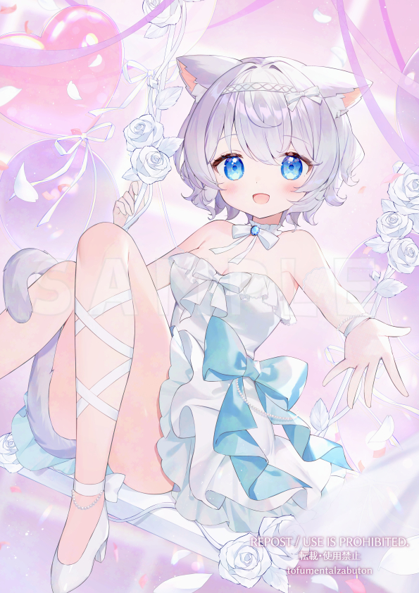 toufu mentaru zabuton, commentary request, copyright request, official art, 1girl, :d, animal ear fluff, animal ears, balloon, blue eyes, blush, bow, breasts, cleavage, dress, flower, frilled dress, frills, grey hair, hair between eyes, hair intakes, heart balloon, knees together feet apart, knees up, looking at viewer, medium breasts, open mouth, outstretched arm, rose, sample watermark, short hair, smile, solo, strapless, strapless dress, swing, virtual youtuber, watermark, white bow, white dress, white flower, white rose