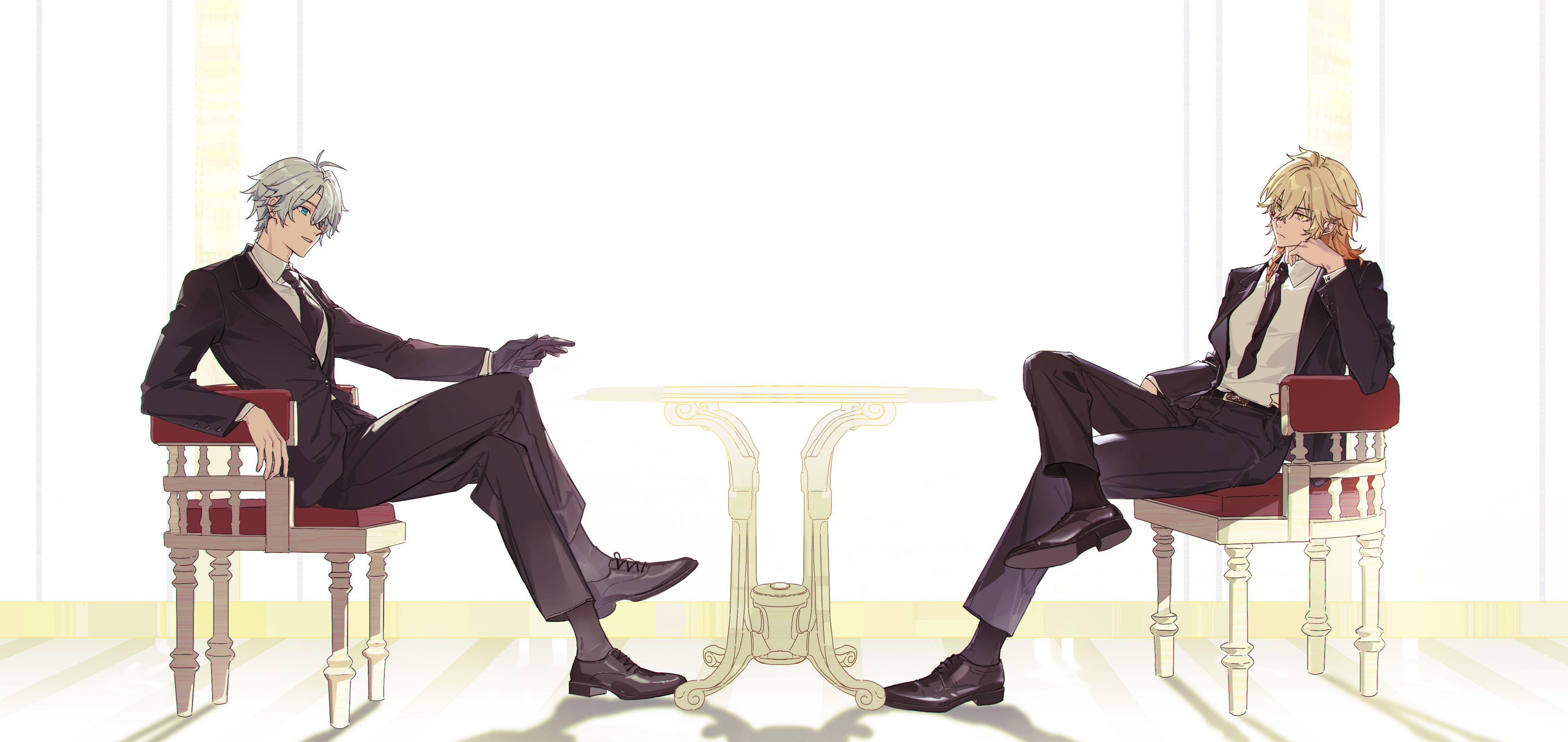 migan, mydei (honkai: star rail), phainon (honkai: star rail), honkai: star rail, honkai (series), absurdres, highres, 2boys, antenna hair, black gloves, black jacket, black necktie, black pants, black shoes, black socks, blonde hair, blue eyes, braid, collared shirt, facial tattoo, from side, full body, gloves, gradient hair, head rest, holding, holding gloves, holding unworn clothes, jacket, male focus, medium hair, multicolored hair, multiple boys, necktie, pants, parted bangs, profile, red hair, red tattoo, shirt, shoes, short hair, side braid, single glove, sitting, socks, suit jacket, tattoo, unworn gloves, white hair, white shirt, yellow eyes