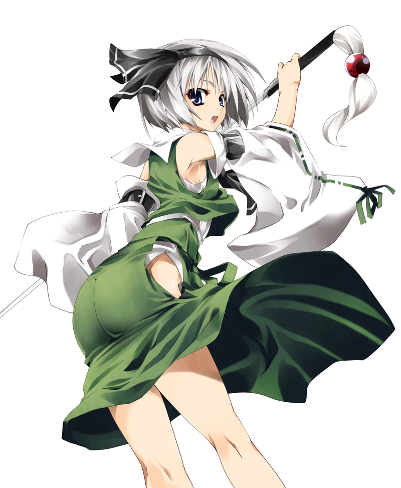 delusion overdose, matsuno canel, konpaku youmu, touhou, silver hair, 1girl, alternate costume, ass, blue eyes, clothing cutout, detached sleeves, female focus, from behind, hairband, hip vent, japanese clothes, katana, ribbon, short hair, skirt, solo, sword, weapon