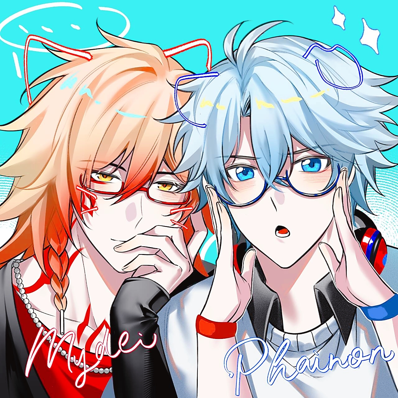mydei (honkai: star rail), phainon (honkai: star rail), honkai: star rail, honkai (series), chinese commentary, commentary request, highres, 2boys, antenna hair, black shirt, blonde hair, blue eyes, braid, budonggougoudeyongbiele, character name, chest tattoo, collared shirt, drawn ears, drawn whiskers, facial tattoo, glasses, gradient hair, male focus, medium hair, multicolored hair, multiple boys, neck tattoo, open mouth, parted bangs, red hair, red shirt, red tattoo, shirt, short hair, side braid, sweater, tattoo, white hair, white sweater, yellow eyes