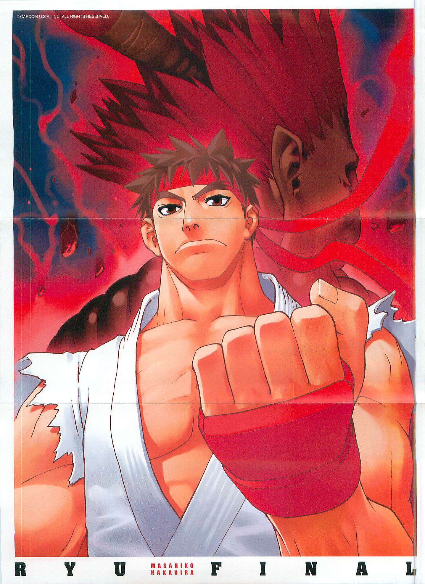masahiko nakahira, nakahira masahiko, akuma (street fighter), ryu (street fighter), capcom, street fighter, highres, scan, scan artifacts, 2boys, back-to-back, dougi, multiple boys