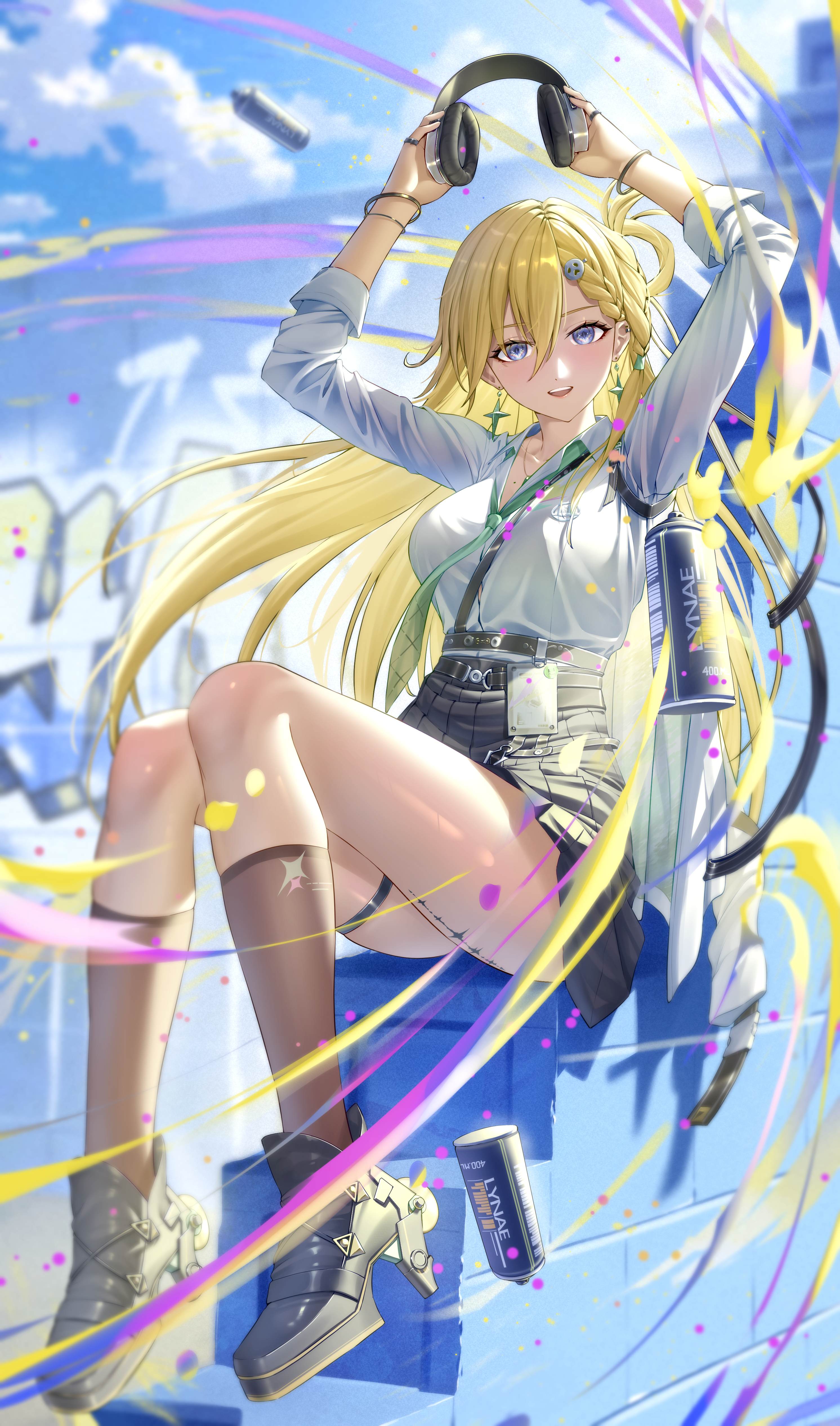 hitpig, lynae (wuthering waves), wuthering waves, absurdres, commentary, english commentary, highres, 1girl, arms up, black shoes, black skirt, black socks, blue sky, breasts, day, earrings, green necktie, hair between eyes, hair ornament, headphones, holding, holding headphones, id card, jewelry, light blush, looking at viewer, medium breasts, necktie, purple eyes, shirt, shoes, sitting, skirt, skull hair ornament, sky, socks, solo, spray can, star (symbol), star earrings, tacet mark (wuthering waves), white shirt