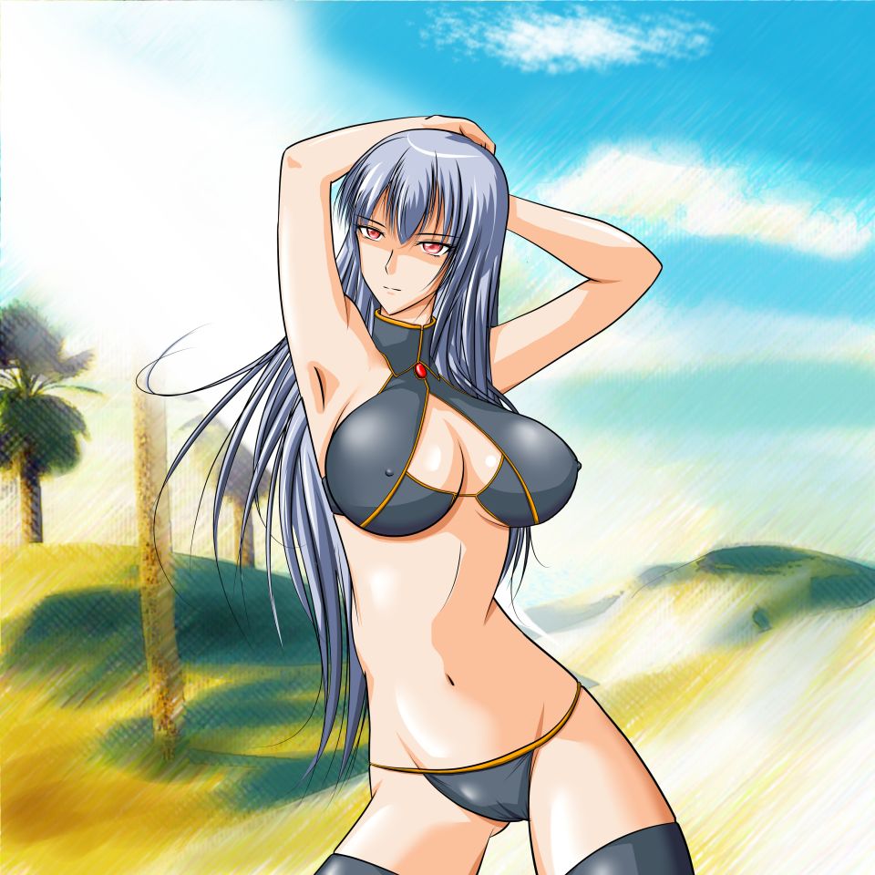 reichel, selvaria bles, senjou no valkyria (series), senjou no valkyria 1, silver hair, 00s, 1girl, armpits, arms up, bikini, breasts, cleavage, covered erect nipples, female focus, large breasts, long hair, nature, outdoors, red eyes, sky, solo, swimsuit, thighhighs