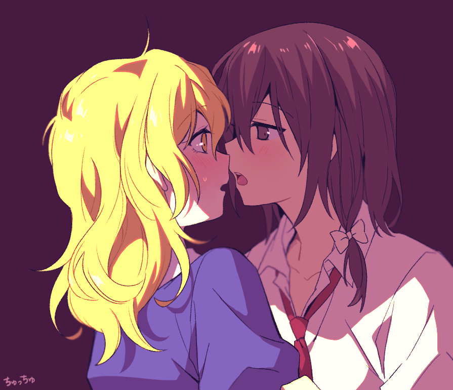 re ghotion, maribel hearn, usami renko, touhou, commentary, translated, 2girls, blonde hair, blush, bow, brown eyes, brown hair, collared dress, collared shirt, dress, hair bow, imminent kiss, long hair, looking at another, medium hair, multiple girls, necktie, no headwear, open mouth, purple background, purple dress, red necktie, shirt, sweat, teeth, upper teeth only, white bow, white shirt, yellow eyes, yuri