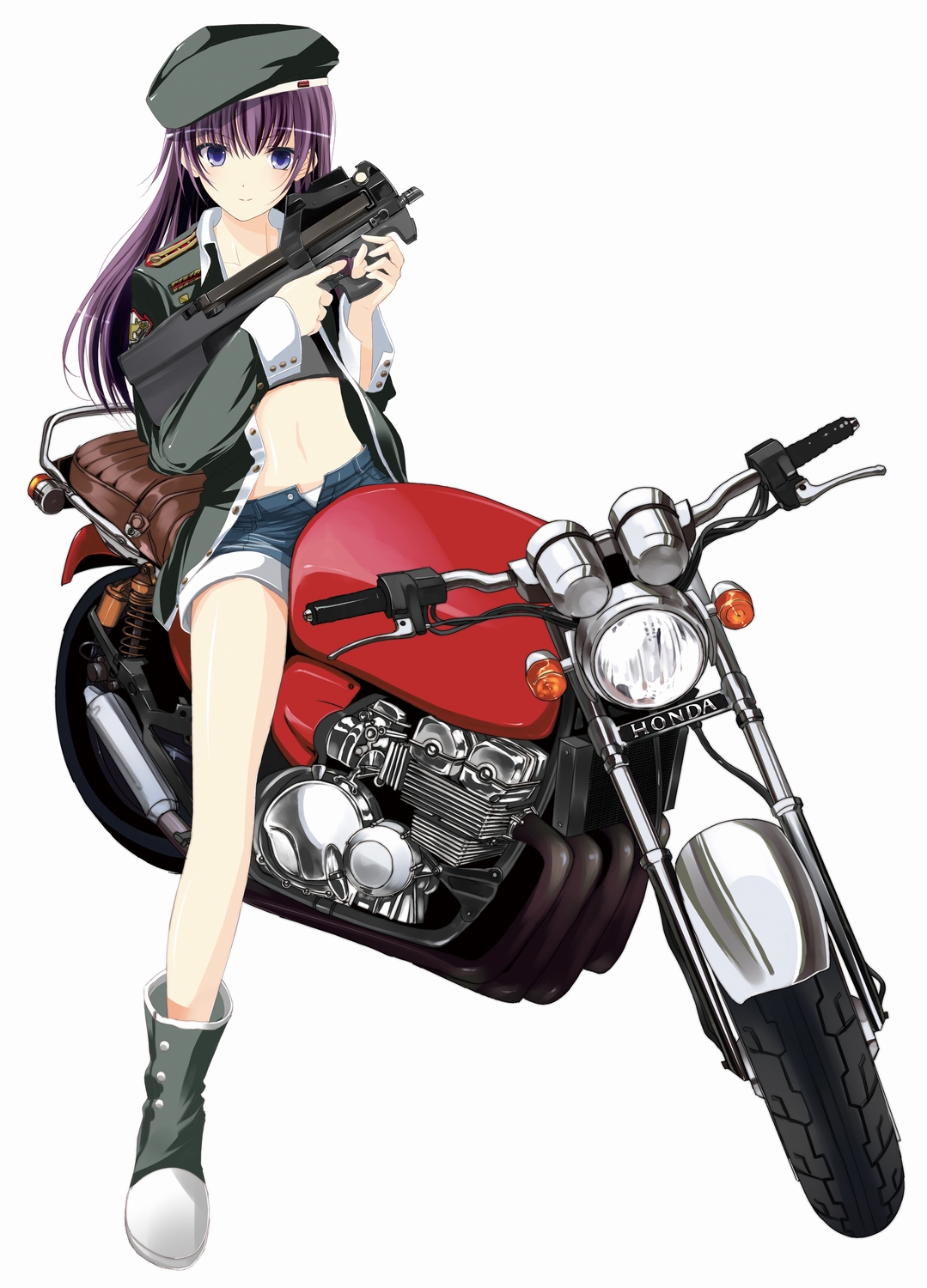 couzone, honda, vehicle, highres, 1girl, bullpup, female focus, full body, gun, hat, horizontal magazine, jacket, long hair, motor vehicle, motorcycle, navel, p90, personal defense weapon, shoes, shorts, simple background, sitting, solo, submachine gun, weapon, white background