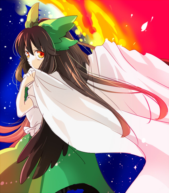machiko (beard), reiuji utsuho, touhou, 1girl, back, bow, brown hair, cape, female focus, hair bow, long hair, red eyes, ribbon, solo