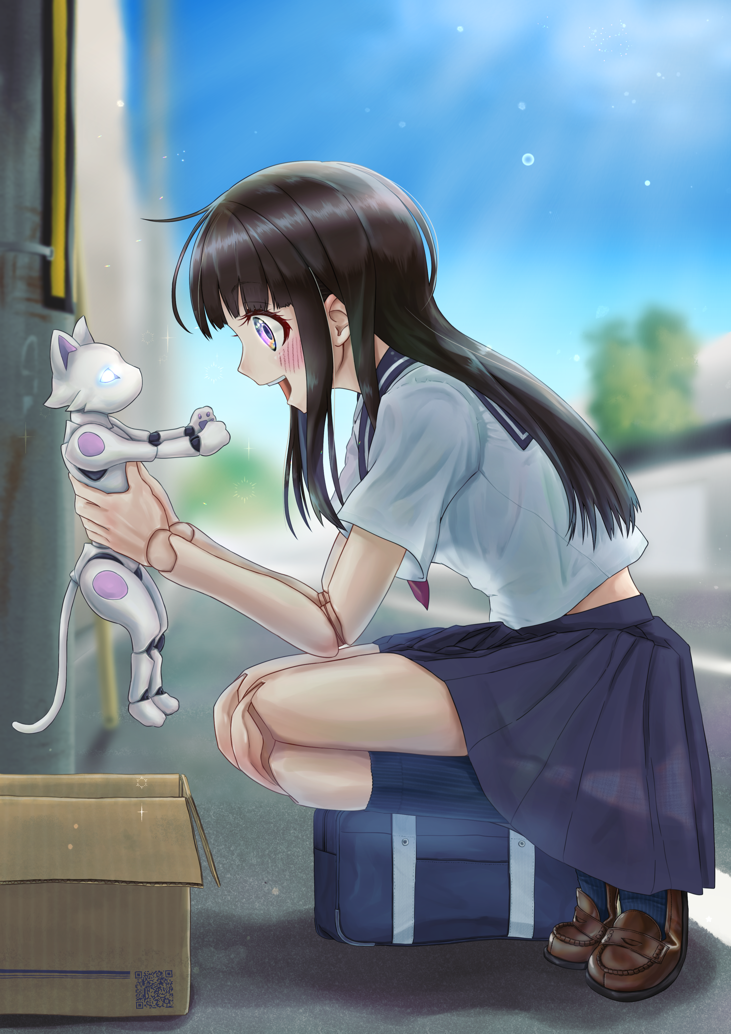 original, absurdres, commentary request, highres, 1girl, android, bag, black hair, black skirt, blush, box, brown shoes, cat, day, eye contact, joints, kuroneko (pixiv79498996), looking at another, non-humanoid robot, open mouth, outdoors, penny loafers, purple eyes, qr code, robot, robot animal, robot joints, school bag, school uniform, shirt, shoes, short sleeves, skirt, squatting, white shirt