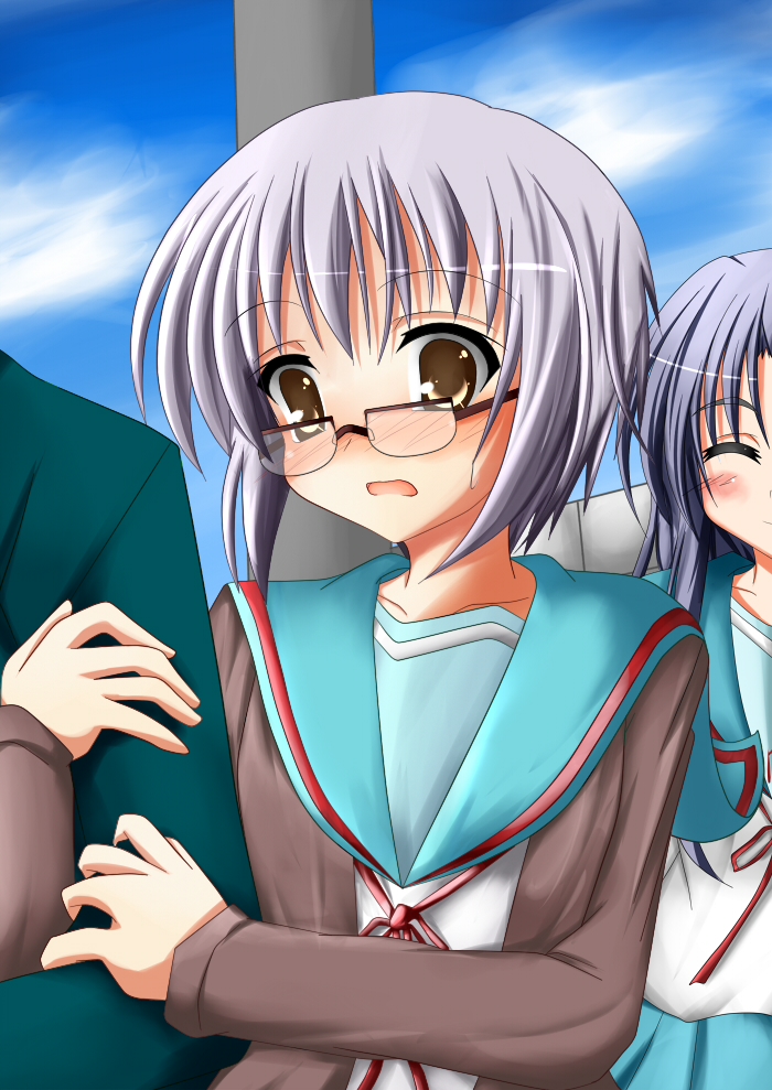 t (dyuhuhudyukusi), asakura ryoko, nagato yuki, suzumiya haruhi no shoushitsu, suzumiya haruhi no yuuutsu, silver hair, 10s, 2girls, arm hug, blush, brown eyes, cardigan, glasses, multiple girls, out of frame, school uniform, serafuku
