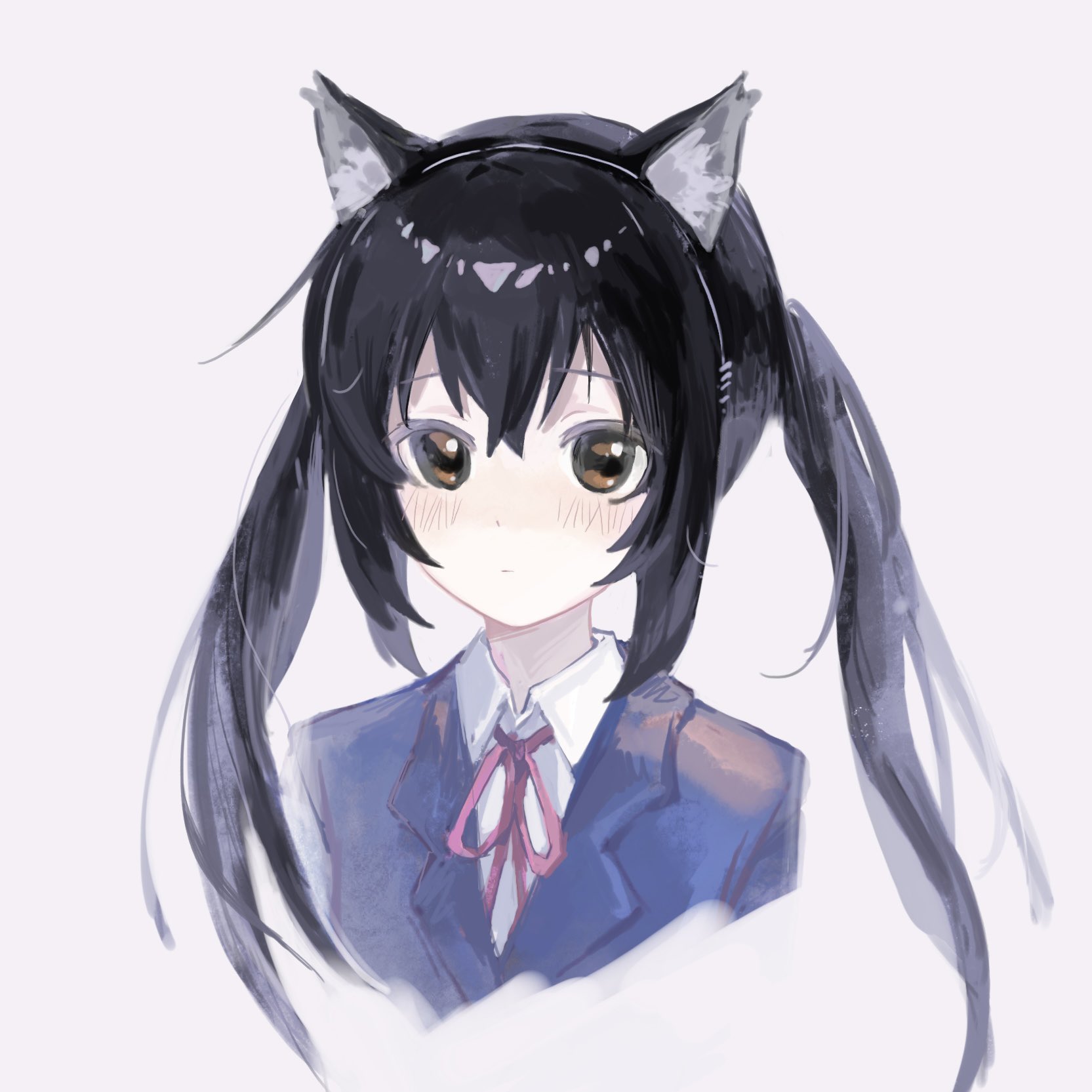 oneyife1, nakano azusa, k-on!, highres, 1girl, animal ear fluff, animal ear hairband, animal ears, black hair, black hairband, blue jacket, blush, brown eyes, cat ear hairband, cat ears, closed mouth, cropped shoulders, double-parted bangs, fake animal ears, hairband, jacket, long hair, looking at viewer, neck ribbon, pink ribbon, ribbon, sakuragaoka high school uniform, school uniform, simple background, solo, twintails, white background