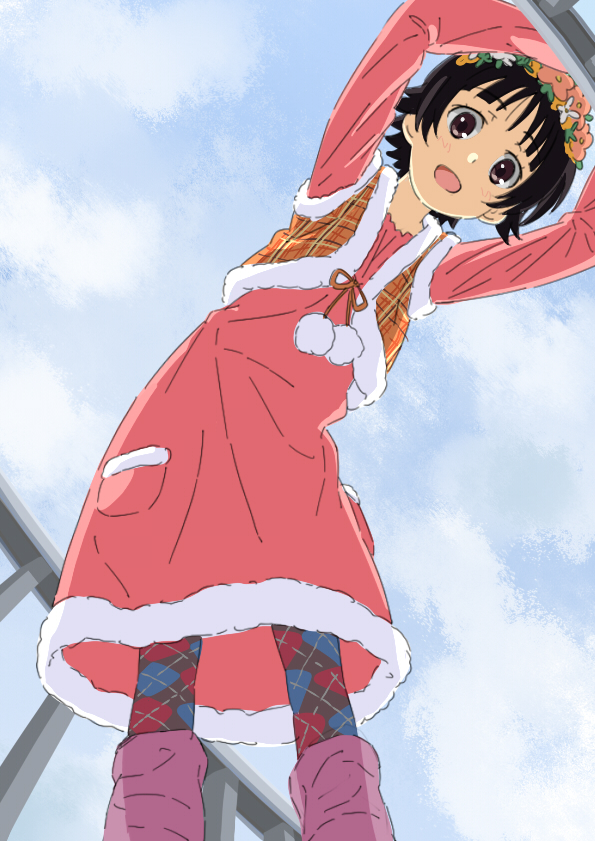 banzai nekomimi, uiharu kazari, toaru kagaku no railgun, toaru majutsu no index, bad id, bad pixiv id, argyle clothes, argyle socks, black hair, brown eyes, dress, flower, from below, hair flower, hair ornament, head wreath, layered legwear, leg warmers, pantyhose, patterned legwear, plaid clothes, plaid vest, short hair, socks, solo, vest