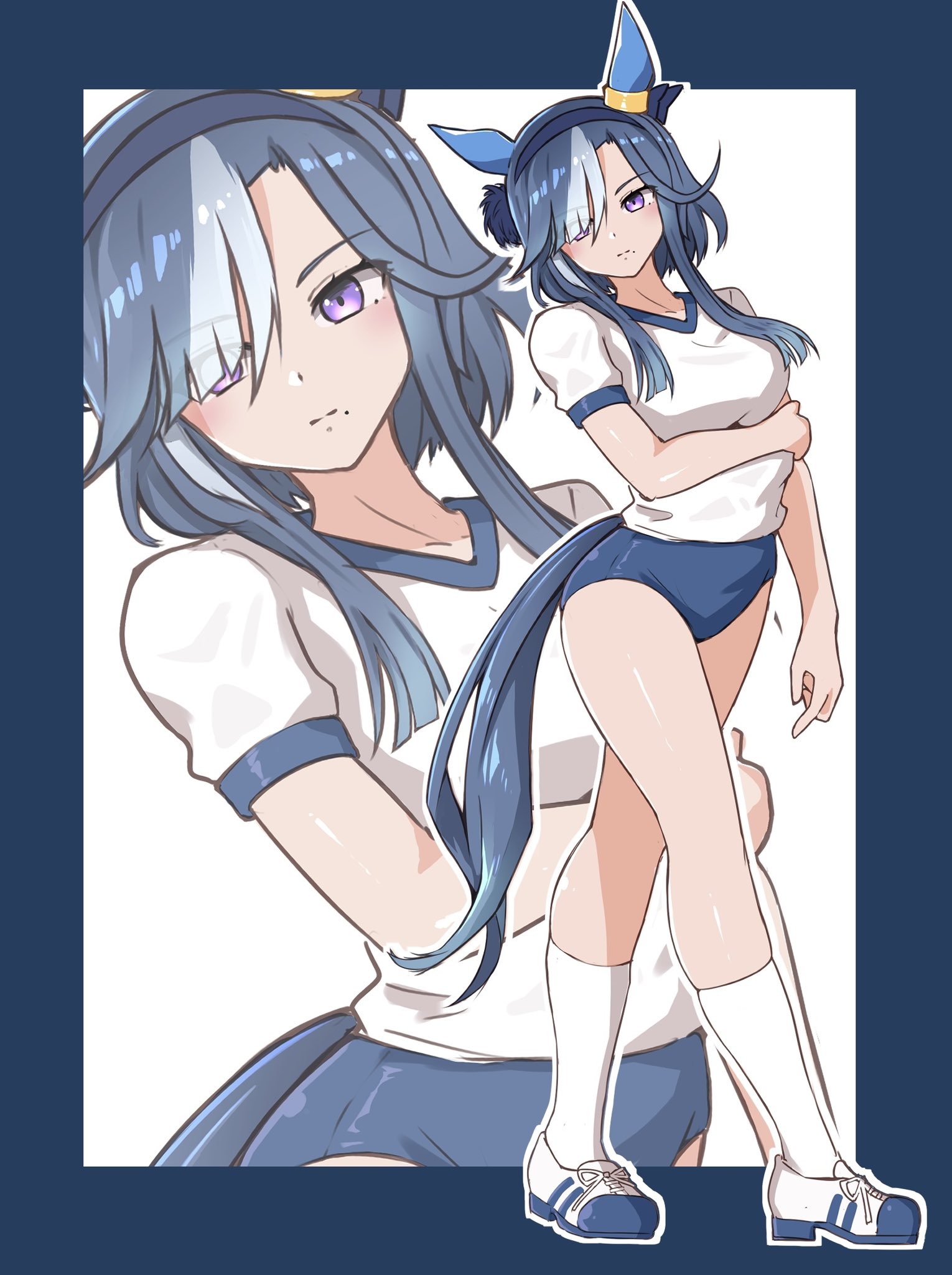 enukee, admire groove (umamusume), umamusume, commentary request, highres, 1girl, animal ears, blue hair, blush, breasts, buruma, ear ornament, full body, gym shirt, gym shorts, gym uniform, hair between eyes, horse ears, horse girl, horse tail, looking at viewer, medium breasts, mole, mole under eye, purple eyes, red buruma, shirt, shoes, short hair with long locks, short sleeves, shorts, smile, sneakers, tail, white background, white shirt, zoom layer