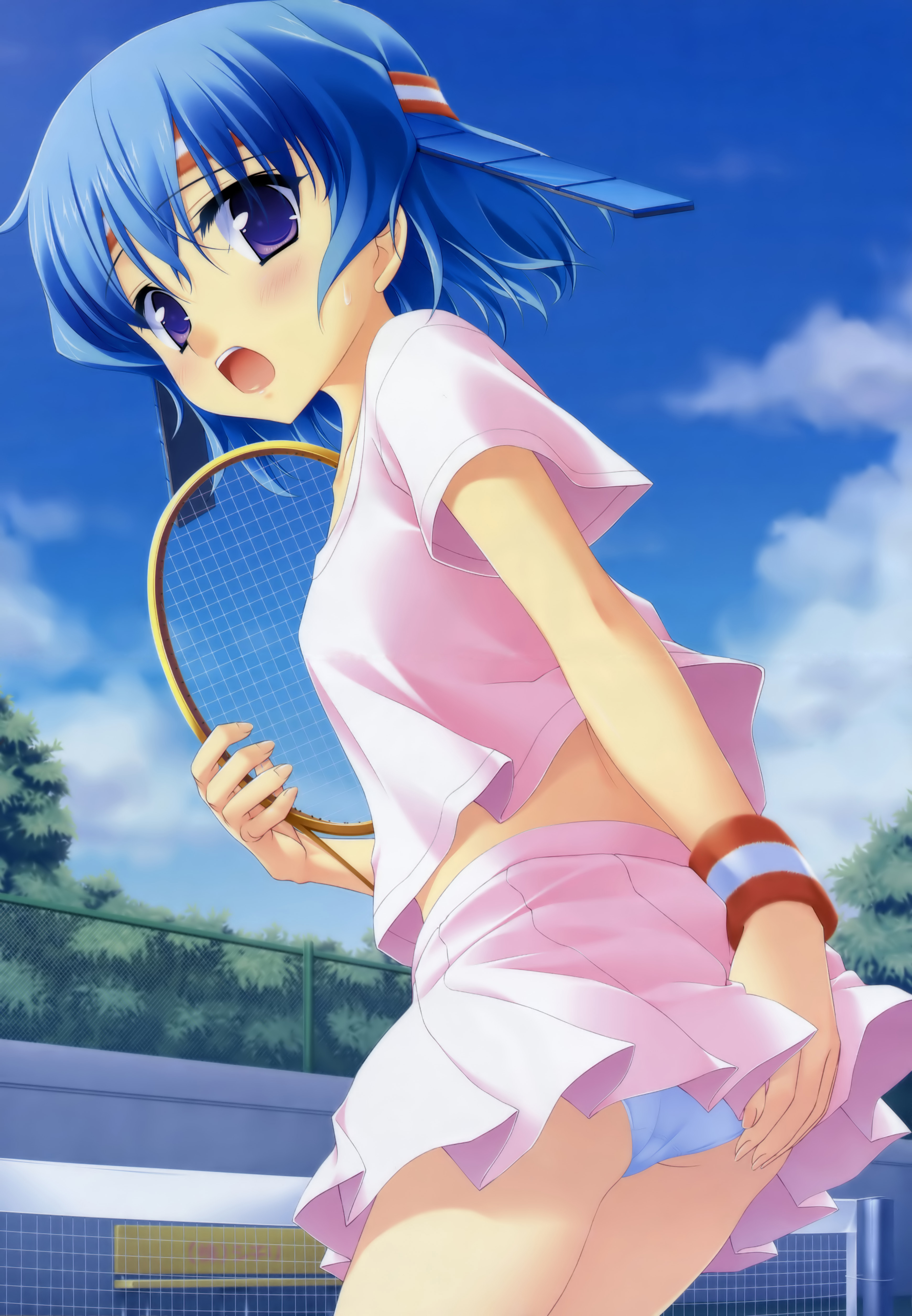 matsushita makako, rakko (makarakko), takaoka asagao, fairly life, absurdres, highres, 1girl, blue hair, blue panties, female focus, headband, panties, pantyshot, pleated skirt, purple eyes, racket, skirt, solo, sportswear, tennis, tennis court, tennis racket, tennis uniform, underwear, upskirt
