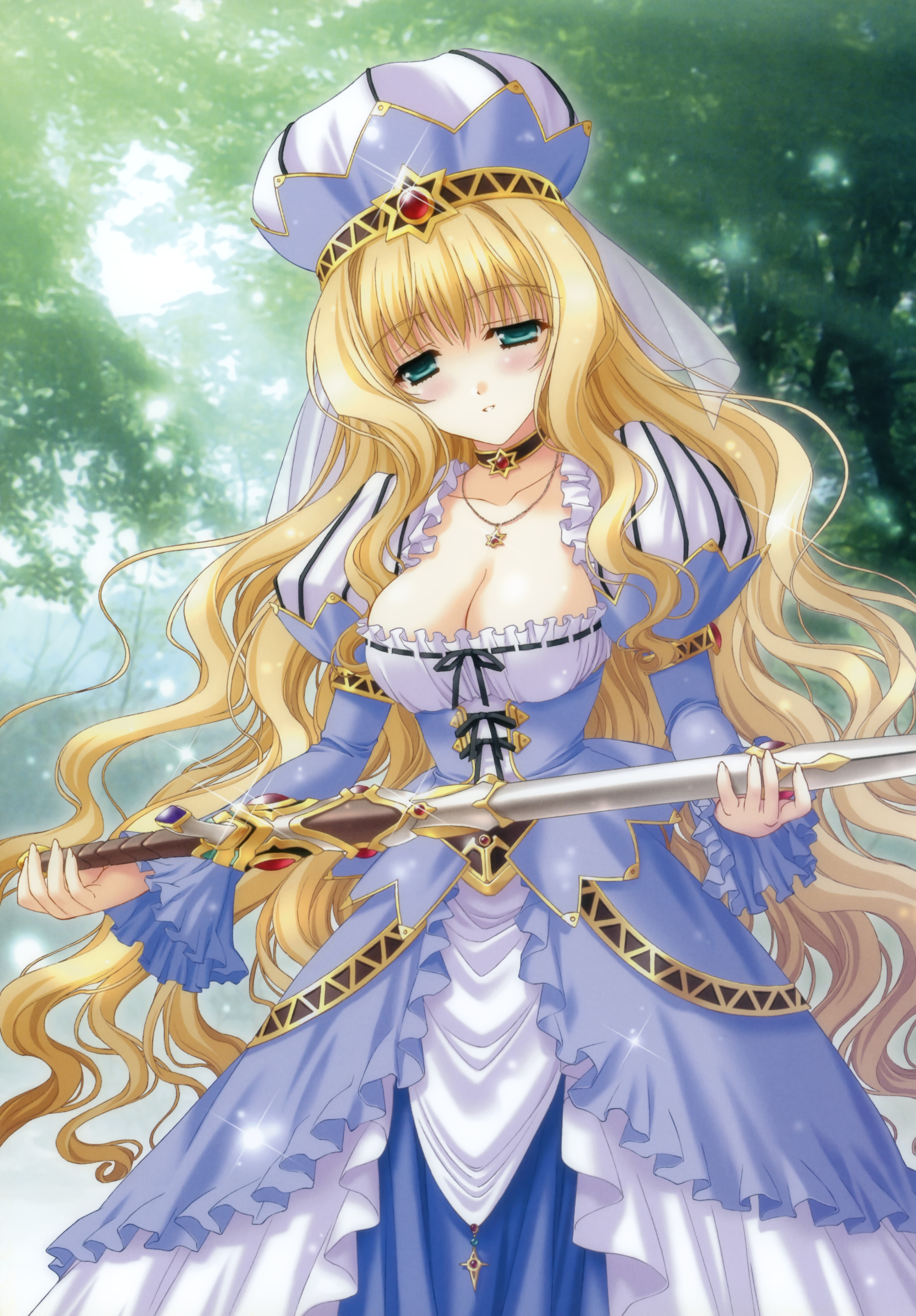 kimizuka aoi, absurdres, highres, 1girl, aqua eyes, blonde hair, blush, breasts, choker, cleavage, day, diffraction spikes, female focus, frills, hat, holding, jewelry, large breasts, long hair, nature, necklace, outdoors, smile, solo, very long hair, wavy hair