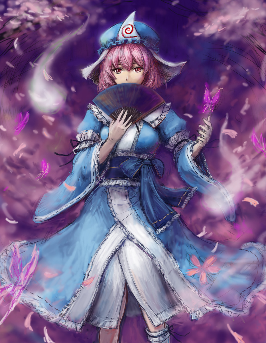 tafuto, saigyouji yuyuko, touhou, bad id, bad pixiv id, highres, 1girl, breasts, bug, butterfly, dress, female focus, gradient background, hand fan, insect, petals, pink eyes, pink hair, sketch, solo, wind