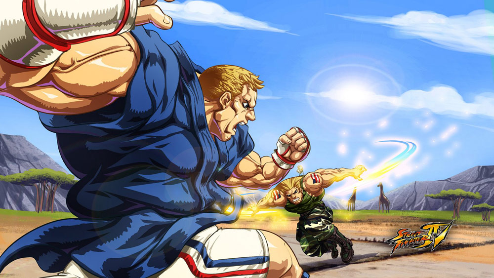 abel (street fighter), guile, capcom, street fighter, street fighter iv (series), 2boys, american flag, american flag tattoo, battle, blonde hair, fight, fingerless gloves, french text, giraffe, gloves, manly, multiple boys, muscular, sonic boom (street fighter), tattoo, united states