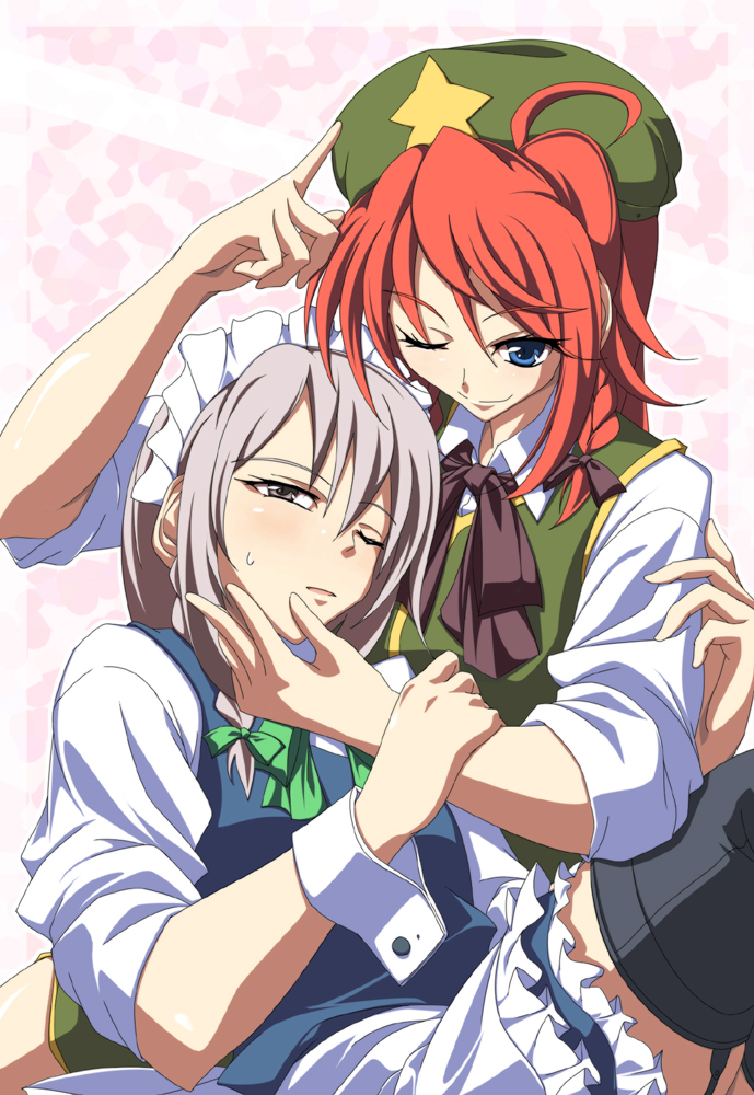 lozelia, hong meiling, izayoi sakuya, embodiment of scarlet devil, touhou, 2girls, blue eyes, bow, braid, brown eyes, female focus, frills, grey hair, hat, maid, maid headdress, multiple girls, one eye closed, open mouth, red hair, sleeves rolled up, thighhighs, wrist cuffs, yuri