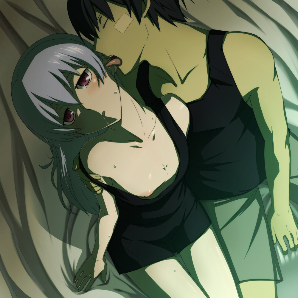 kanna asuke, hei (darker than black), yin (darker than black), darker than black, 1boy, 1girl, black hair, blush, chemise, downblouse, ear licking, expressionless, flat chest, from above, grey hair, hair down, licking, long hair, looking up, nipple slip, nipples, no bra, panties, petite, purple eyes, saliva, short hair, sitting, strap slip, tongue, underwear