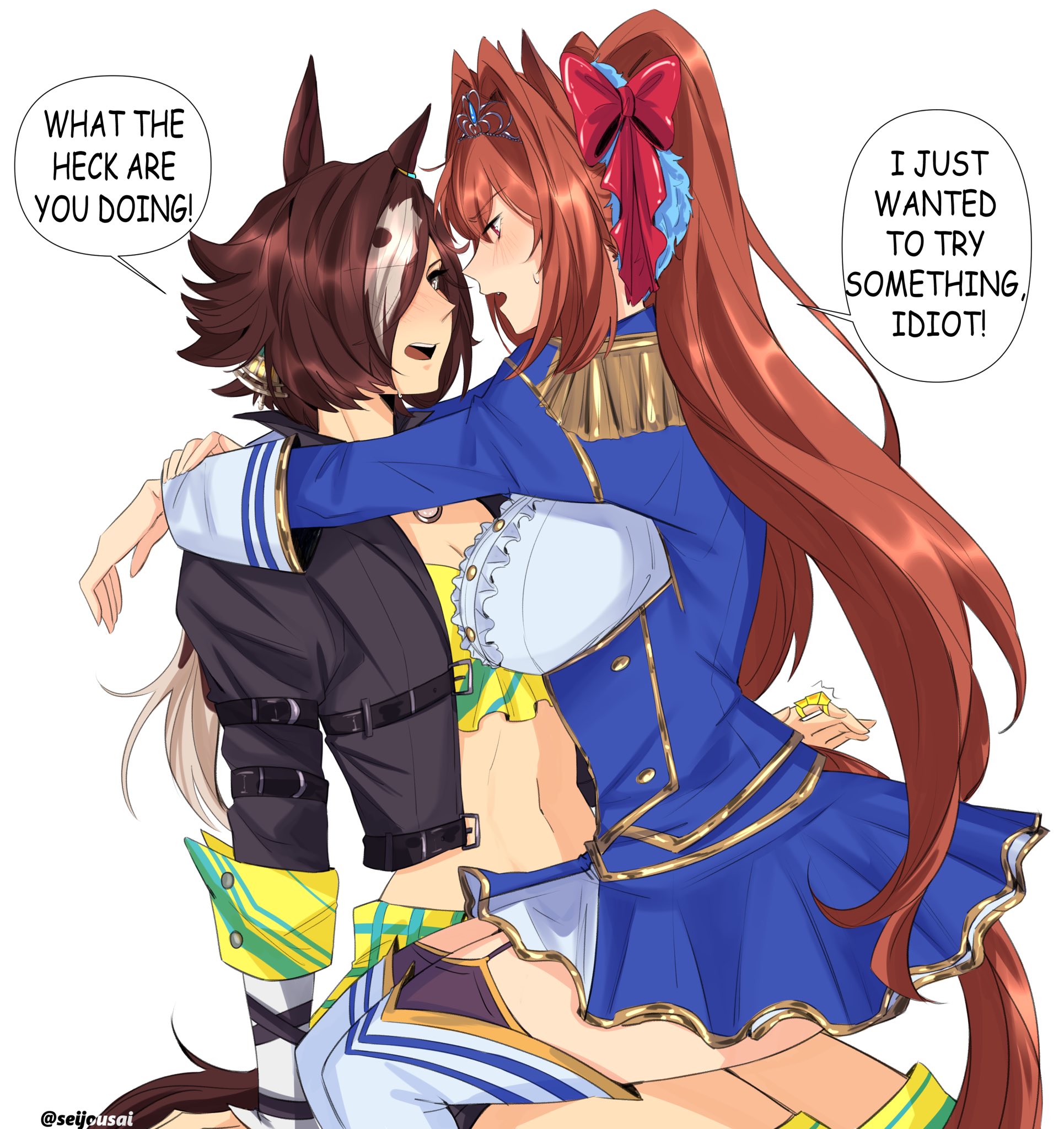 seijousai, daiwa scarlet (peak blue) (umamusume), daiwa scarlet (umamusume), vodka (umamusume), vodka (wild top gear) (umamusume), umamusume, commentary, english commentary, highres, 2girls, animal ears, arms around neck, black jacket, black shorts, black thighhighs, blue jacket, blue skirt, blush, bow, breasts, brown hair, center frills, crop top, english text, epaulettes, frills, garter straps, hair bow, hair intakes, hair over one eye, horse ears, horse girl, horse tail, jacket, large breasts, long hair, long sleeves, midriff, multicolored hair, multiple girls, navel, open mouth, red bow, red eyes, shirt, shorts, simple background, sitting, sitting on lap, sitting on person, skirt, speech bubble, stopwatch, stopwatch around neck, tail, thighhighs, tiara, twintails, very long hair, watch, white background, white shirt, yellow shirt, yuri