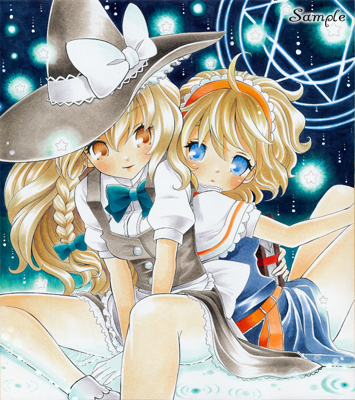 ayuayu (chisuke ayu), alice margatroid, kirisame marisa, touhou, bad id, bad pixiv id, 2girls, ahoge, back-to-back, blonde hair, blue eyes, book, braid, capelet, female focus, foreshortening, grimoire, grimoire of alice, hairband, hat, long hair, looking back, magic circle, multiple girls, sample watermark, short hair, sitting, v arms, watermark, witch, witch hat, yellow eyes