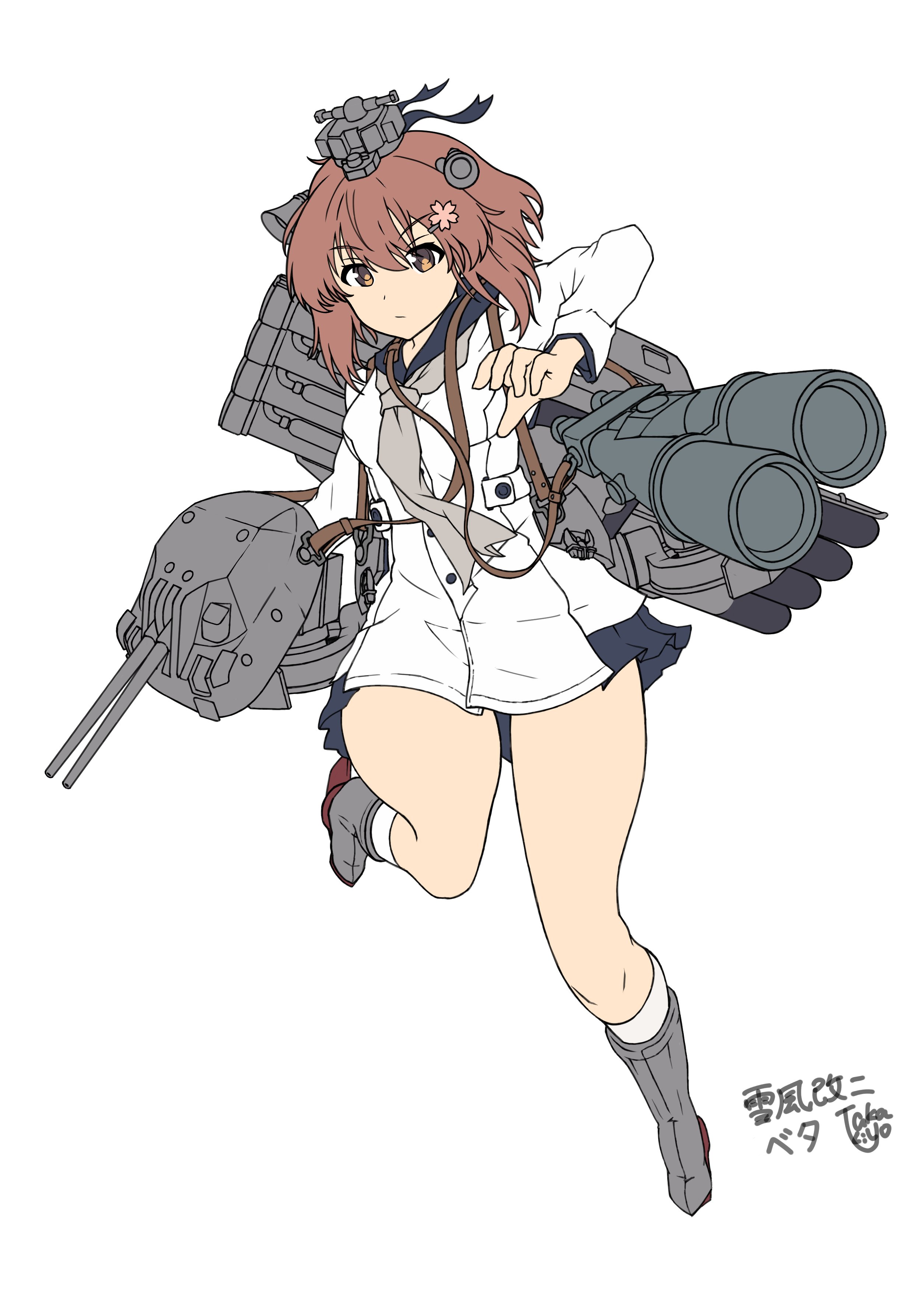 takakiyo (nk1109r), yukikaze (kancolle), yukikaze kai ni (kancolle), kantai collection, absurdres, commentary request, highres, 1girl, adapted turret, artist name, black sailor collar, brown eyes, brown hair, character name, dress, full body, grey neckerchief, headgear, neckerchief, rigging, sailor collar, sailor dress, short hair, simple background, solo, torpedo launcher, white background, white dress