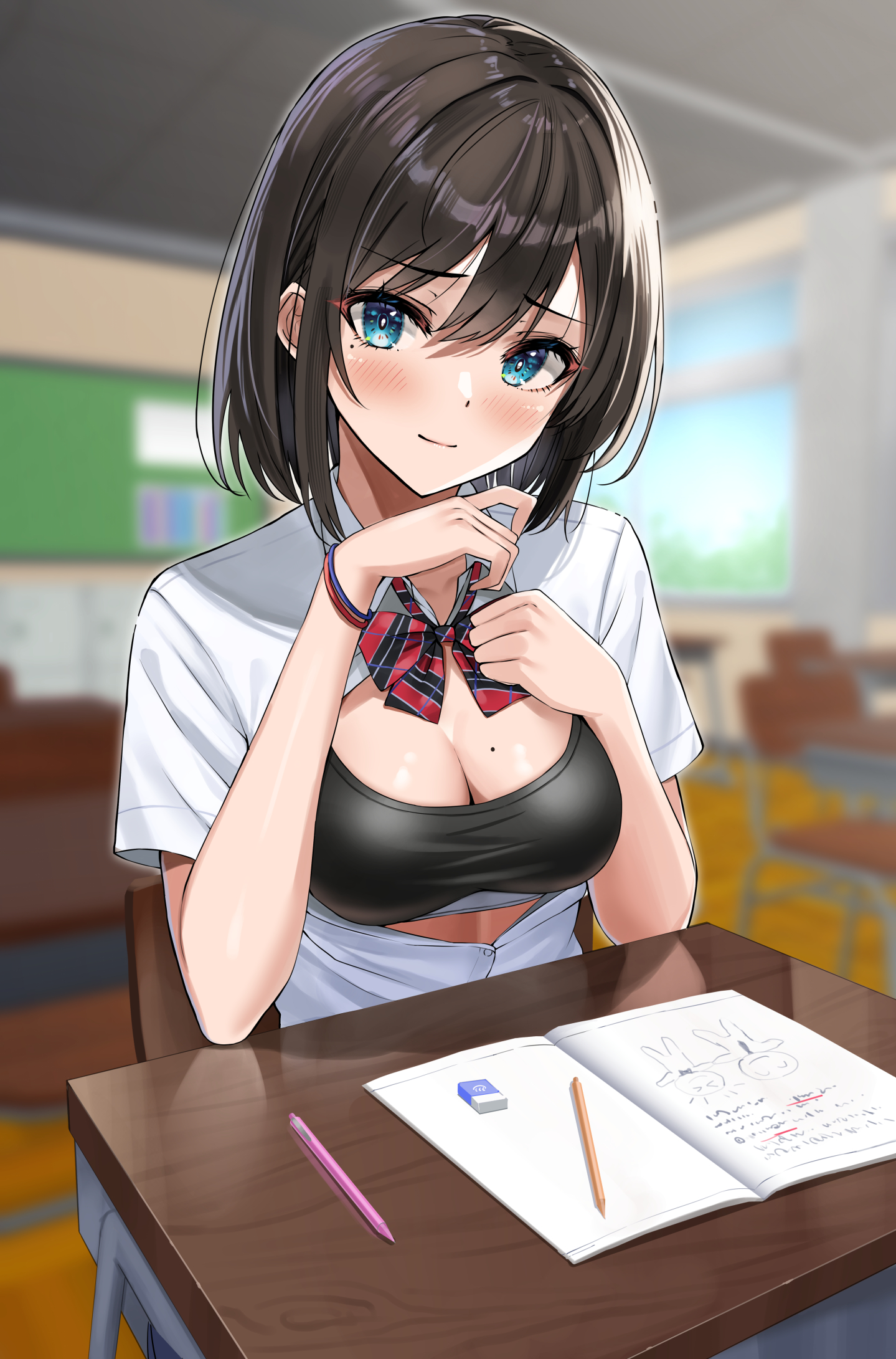 yukemuriganmo, original, commentary request, highres, 1girl, aqua eyes, black bra, black hair, black sports bra, blurry, blurry background, blush, book, bra, breasts, ceiling, chair, cleavage, desk, eraser, hair between eyes, looking at viewer, medium breasts, medium hair, notebook, open book, open clothes, open shirt, pencil, school chair, school desk, school uniform, shirt, short sleeves, sitting, smile, solo, sports bra, underwear, white shirt, window, wooden floor