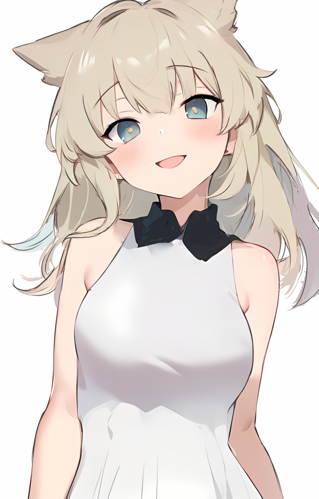 raifu (rf), perlica (arknights), arknights, arknights: endfield, commentary, revision, 1girl, :d, animal ears, bare shoulders, bird ears, blonde hair, blue eyes, blush, breasts, looking at viewer, medium breasts, open mouth, shirt, simple background, sleeveless, sleeveless shirt, smile, solo, upper body, white background, white shirt, yellow pupils