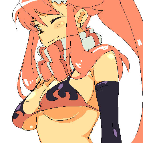 tarou2, yoko littner, tengen toppa gurren lagann, lowres, 00s, 1girl, bikini, bikini top only, breasts, female focus, large breasts, one eye closed, red hair, scarf, solo, swimsuit, underboob, wink