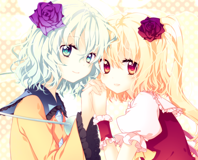 riichu, flandre scarlet, komeiji koishi, touhou, bad id, bad pixiv id, 2girls, aqua eyes, blonde hair, female focus, flower, from side, gradient hair, green eyes, green hair, hair flower, hair ornament, holding hands, interlocked fingers, multicolored eyes, multicolored hair, multiple girls, no headwear, orange eyes, polka dot, polka dot background, ponytail, red eyes, rose, short hair, side ponytail, smile, staring, upper body, wavy hair, wings, wrist cuffs