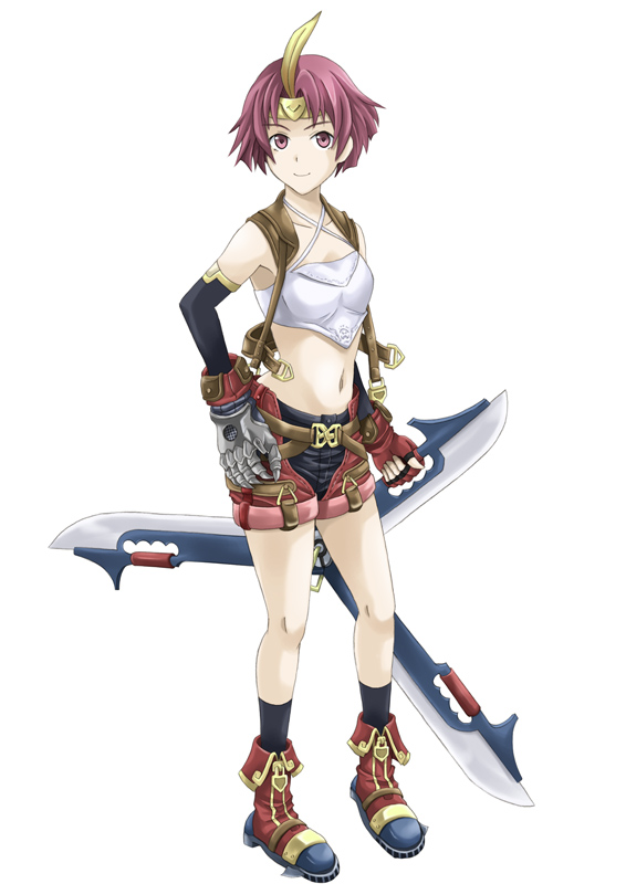 bonta, faylen (suikoden), gensou suikoden, gensou suikoden v, konami, 1girl, boots, headband, midriff, navel, shorts, shuriken, weapon