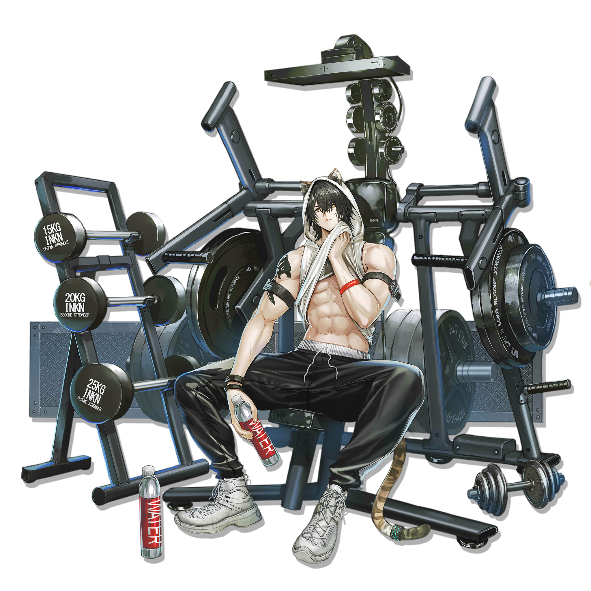 infukun, broca (arknights), broca (rest between sets) (arknights), infection monitor (arknights), arknights, highres, official art, 1boy, abs, animal ears, arm tattoo, bara, black hair, black pants, bottle, clothes lift, dumbbell, exercising, full body, gym, holding, holding bottle, hood, hood up, hoodie, lifting own clothes, looking at viewer, male focus, muscular, muscular male, navel, official alternate costume, pants, pectorals, shirt lift, shoes, short hair, sitting, sleeveless, sleeveless hoodie, sneakers, solo, tail, tail ornament, tail ring, tattoo, tiger boy, tiger ears, tiger tail, transparent background, water bottle, weightlifting, weights