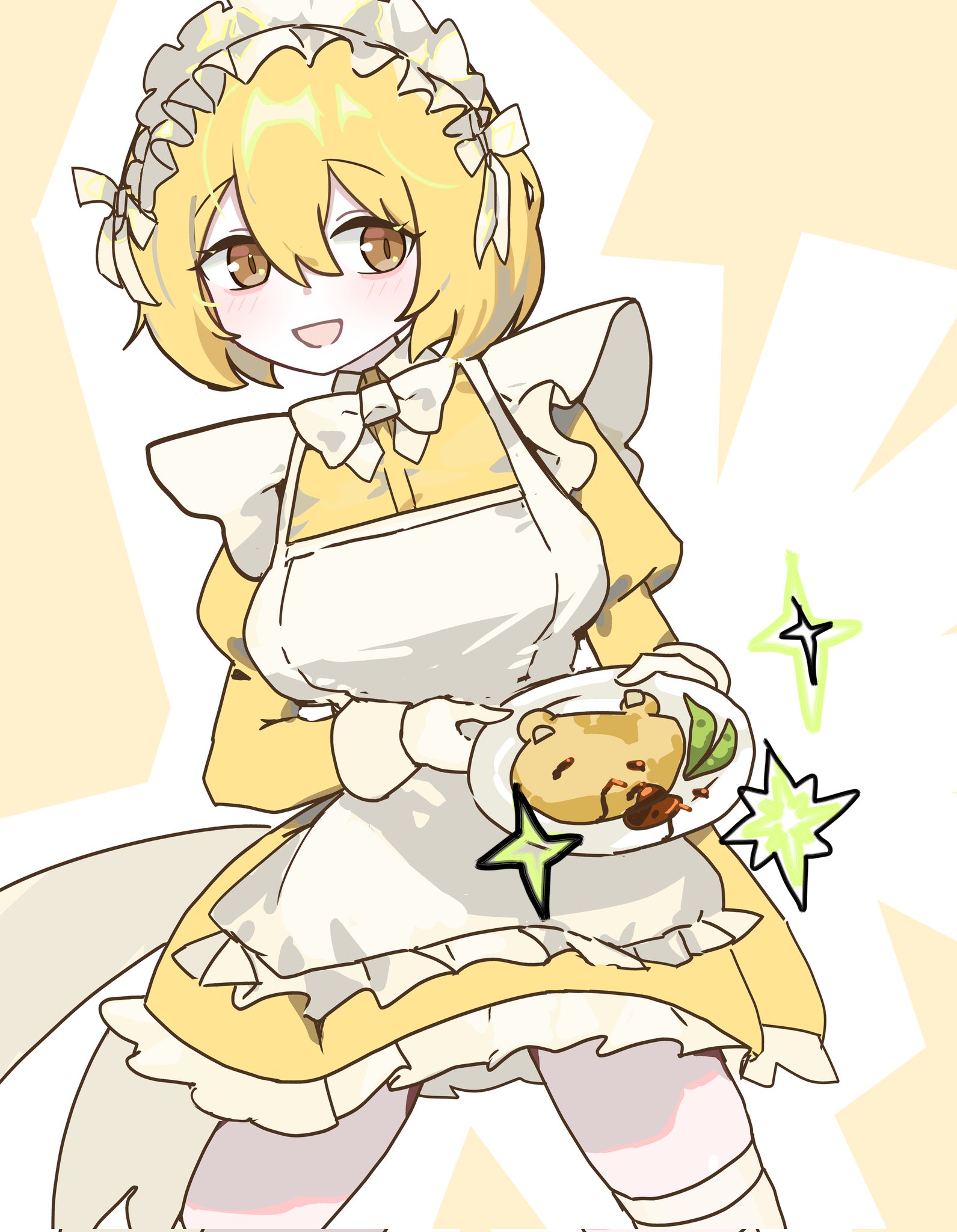 don quixote (project moon), limbus company, project moon, commentary, highres, symbol-only commentary, 1girl, :d, alternate costume, apron, blonde hair, blush stickers, bob cut, breasts, chopong yee, cowboy shot, dress, enmaided, food, frilled skirt, frills, hair between eyes, holding, holding food, holding plate, juliet sleeves, ketchup, long sleeves, maid, maid apron, maid headdress, medium breasts, miniskirt, neck ribbon, omelet, omurice, open mouth, plate, puffy sleeves, ribbon, short hair, skirt, slit pupils, smile, solo, star (symbol), white apron, yellow dress, yellow eyes