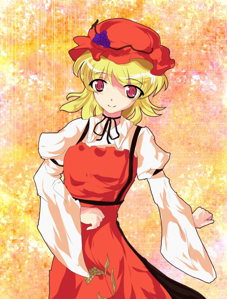 mozya, aki minoriko, touhou, 1girl, blonde hair, dress, female focus, food, fruit, grapes, hat, red eyes, short hair, solo
