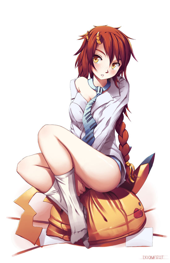 softmode, pikachu, nintendo, pokemon, bad deviantart id, bad id, 1girl, bottomless, braid, female focus, freckles, gen 1 pokemon, horns, legs, necktie, off shoulder, pokemon (creature), ponytail, red hair, single braid, sitting, socks, solo, yellow eyes
