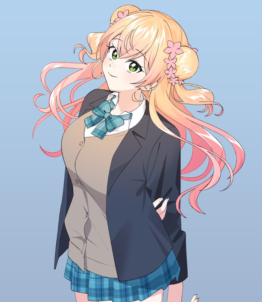 uuoftn, momosuzu nene, hololive, hashtag-only commentary, 1girl, aogami high school uniform, arm behind back, black jacket, blazer, blonde hair, blue background, blue bow, blue bowtie, blue skirt, bow, bowtie, breasts, brown cardigan, cardigan, closed mouth, collared shirt, cowboy shot, crossed bangs, double bun, flower, gradient hair, green eyes, hair bun, hair flower, hair ornament, hand on own arm, head tilt, jacket, long hair, looking at viewer, looking to the side, multicolored hair, official alternate costume, open clothes, open jacket, pink flower, pink hair, plaid bow, plaid bowtie, plaid clothes, plaid skirt, pleated skirt, school uniform, shirt, simple background, skirt, smile, solo, two side up, virtual youtuber, white shirt