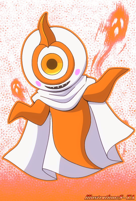 yurusen, kamen rider, kamen rider ghost (series), commentary request, ibispaint (medium), 1girl, artist name, blush stickers, cape, colored skin, ghost, ghost girl, ghost tail, horns, no humans, one-eyed, open mouth, orange hair, orange outline, orange skin, outline, sharp teeth, single horn, solo, sta0829913, teeth, white cape