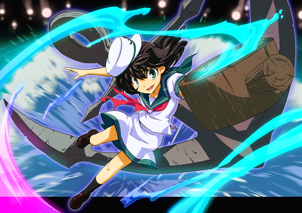 maxgonta, murasa minamitsu, touhou, 1girl, anchor, black hair, female focus, full body, green eyes, hat, hishaku, ladle, sailor, sailor collar, sailor hat, short hair, solo