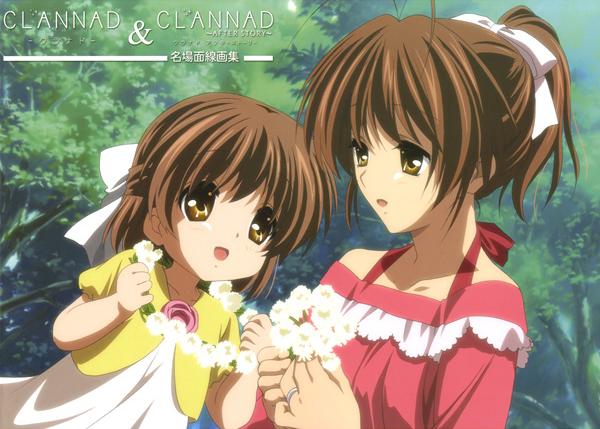 furukawa nagisa, okazaki ushio, clannad, official art, 00s, age difference, antenna hair, brown hair, mother and daughter, tree