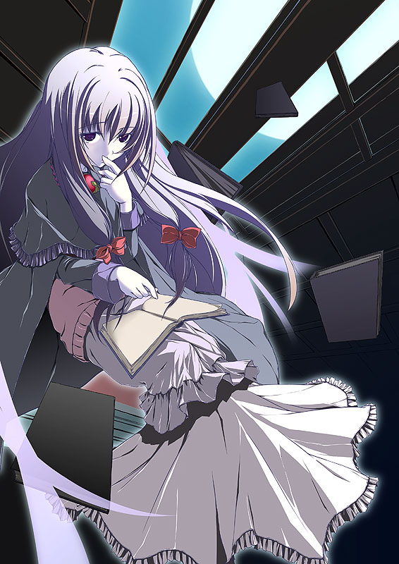 patchouli knowledge, touhou, bad id, bad pixiv id, 1girl, book, bow, female focus, full moon, hair bow, hair ribbon, indoors, long hair, moon, purple eyes, purple hair, ribbon, sitting, sky, solo