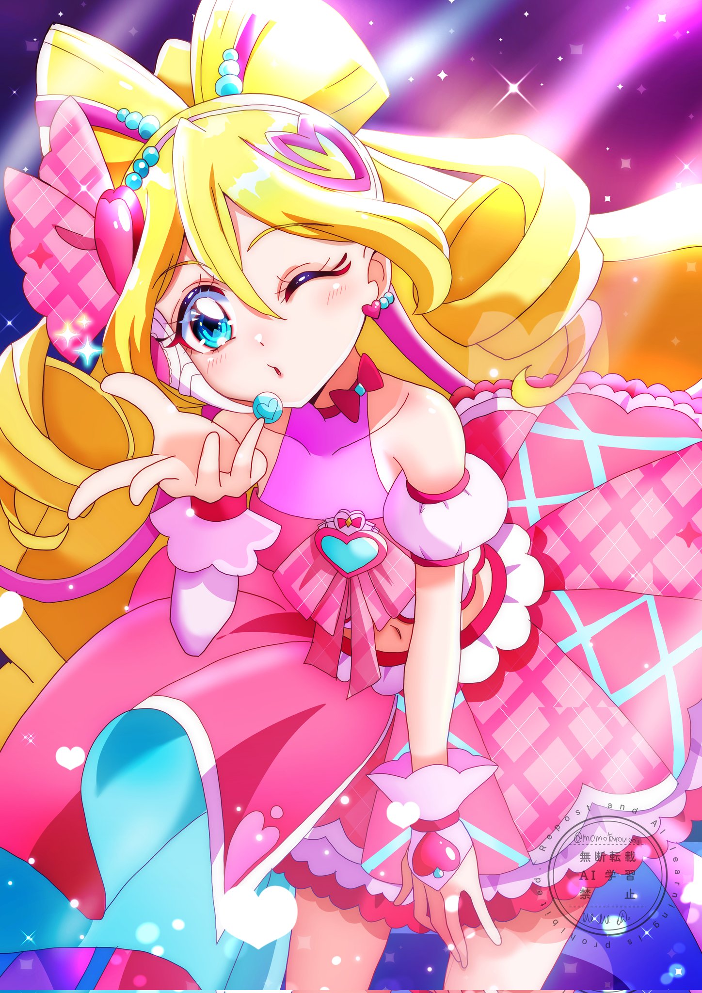 momotarouooi, cure idol, sakura uta (precure), kimi to idol precure, precure, commentary request, highres, 1girl, blonde hair, blowing kiss, blue eyes, brooch, collarbone, colorful background, cowboy shot, curly hair, earrings, hair between eyes, hair ornament, halterneck, headset, heart, heart brooch, heart earrings, heart hair ornament, jewelry, leaning forward, long hair, magical girl, multicolored hair, navel, one eye closed, pink hair, pink skirt, pink theme, pink wrist cuffs, plaid clothes, plaid skirt, puckered lips, skirt, solo, sparkle, standing, streaked hair, two-tone hair, two side up, wrist cuffs