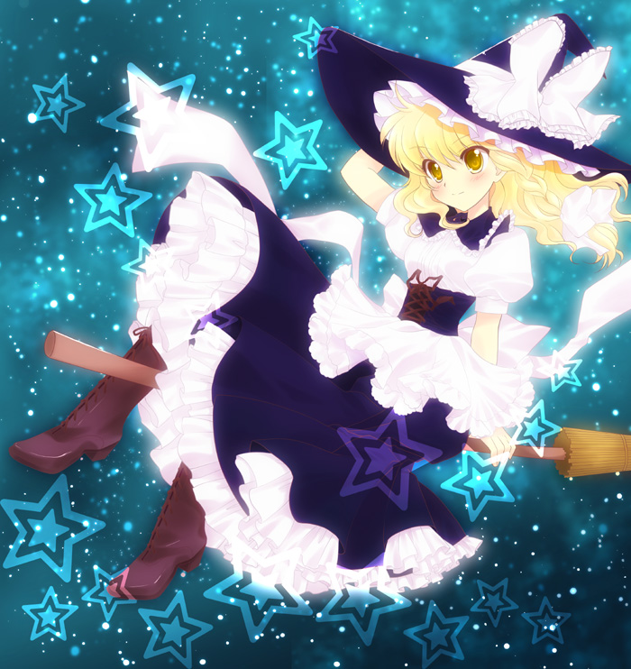 masuyama kei, kirisame marisa, touhou, 1girl, alternate costume, blonde hair, bloom, braid, broom, broom riding, corset, female focus, frills, hand on headwear, hat, petticoat, short hair, sky, solo, star (sky), star (symbol), starry sky, witch, witch hat, yellow eyes