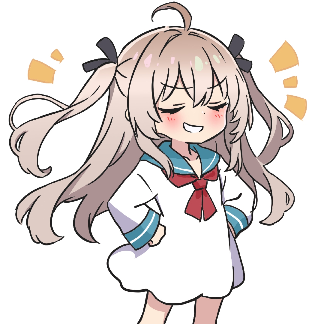 atri, atri-my dear moments-, chinese commentary, commentary request, 1girl, :d, ahoge, ami b1196260828, black ribbon, blue sailor collar, blush, brown hair, chibi, chibi only, doyagao, dress, feet out of frame, grin, hair intakes, hair ribbon, hands on own hips, long hair, long sleeves, neckerchief, notice lines, open mouth, red neckerchief, ribbon, sailor collar, sailor dress, sidelocks, simple background, smile, smug, solo, standing, two side up, v-shaped eyebrows, very long hair, white background, white dress, wide sleeves